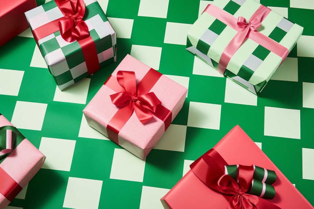 Various Gifts Wrapped with Ribbon.
