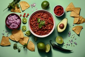 A Bowl of Chili Surrounded by Ingredients and Tortilla Chips.