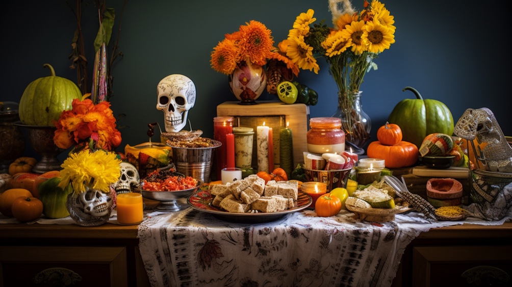 Snack table adorned with fall and Dia de los Muertos decor