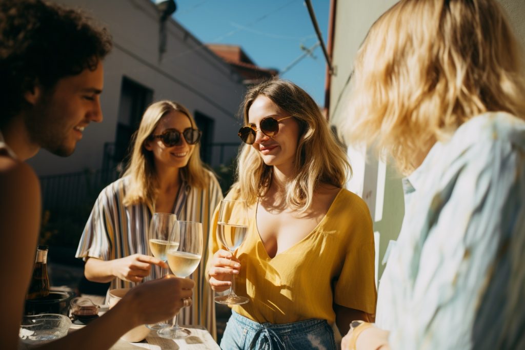 Group of friends socializing with glasses of wine