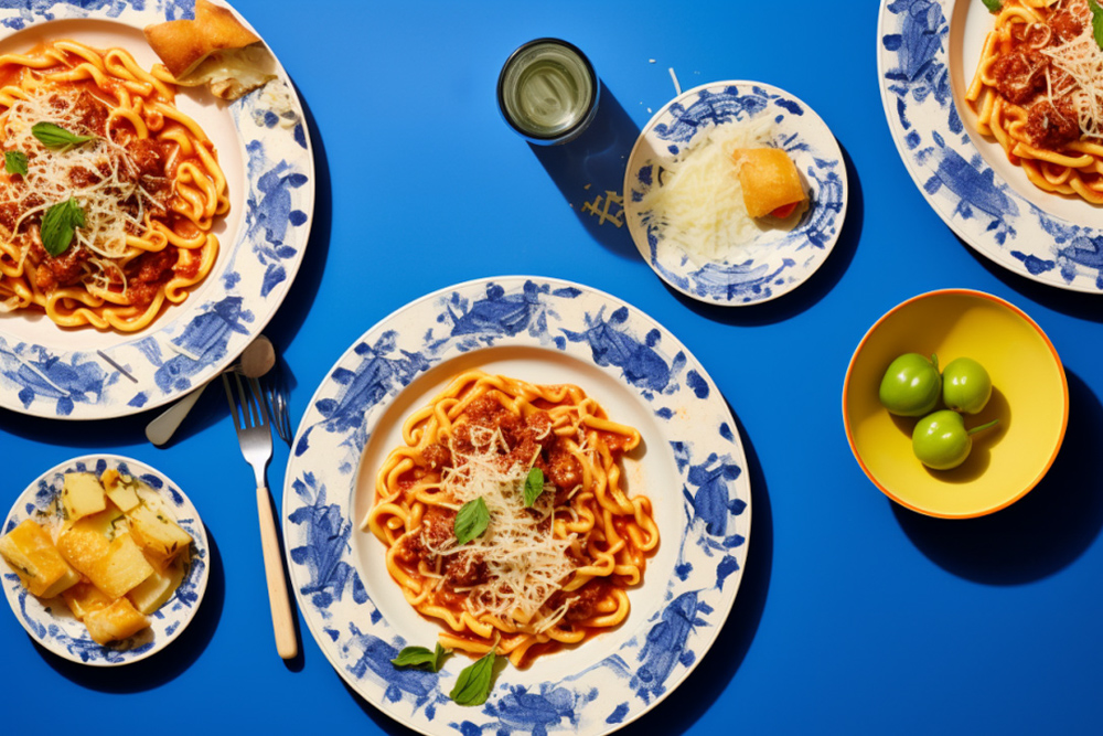 Spread of Pasta Dishes on a Blue Table.