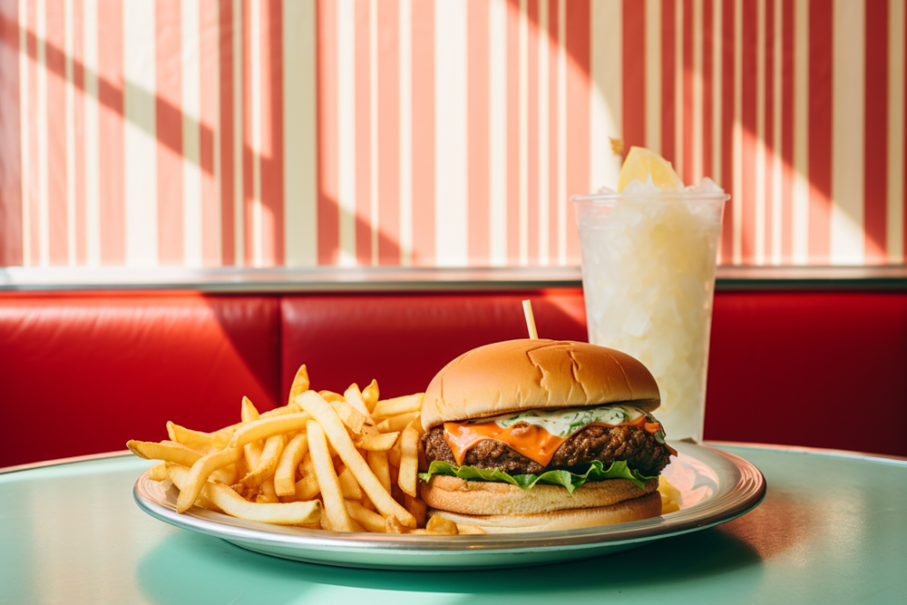 A juicy burger, with fries, and a drink sitting on the table at a local restaurant