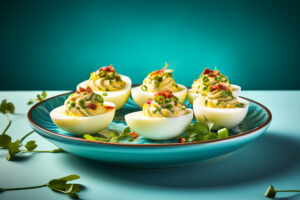 Deviled eggs, topped with green onions and bacon crumbles, sitting on a blue plate