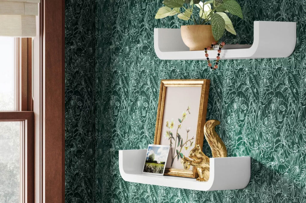 A decorative floating display shelf with plants and pictures