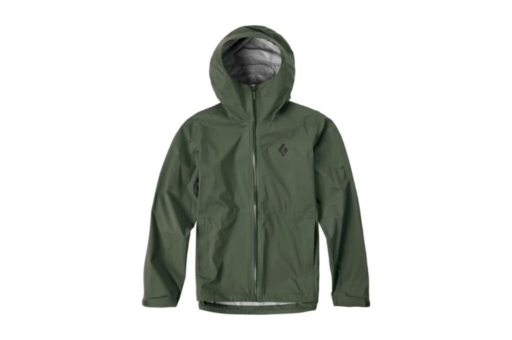A green rain jacket with a hood