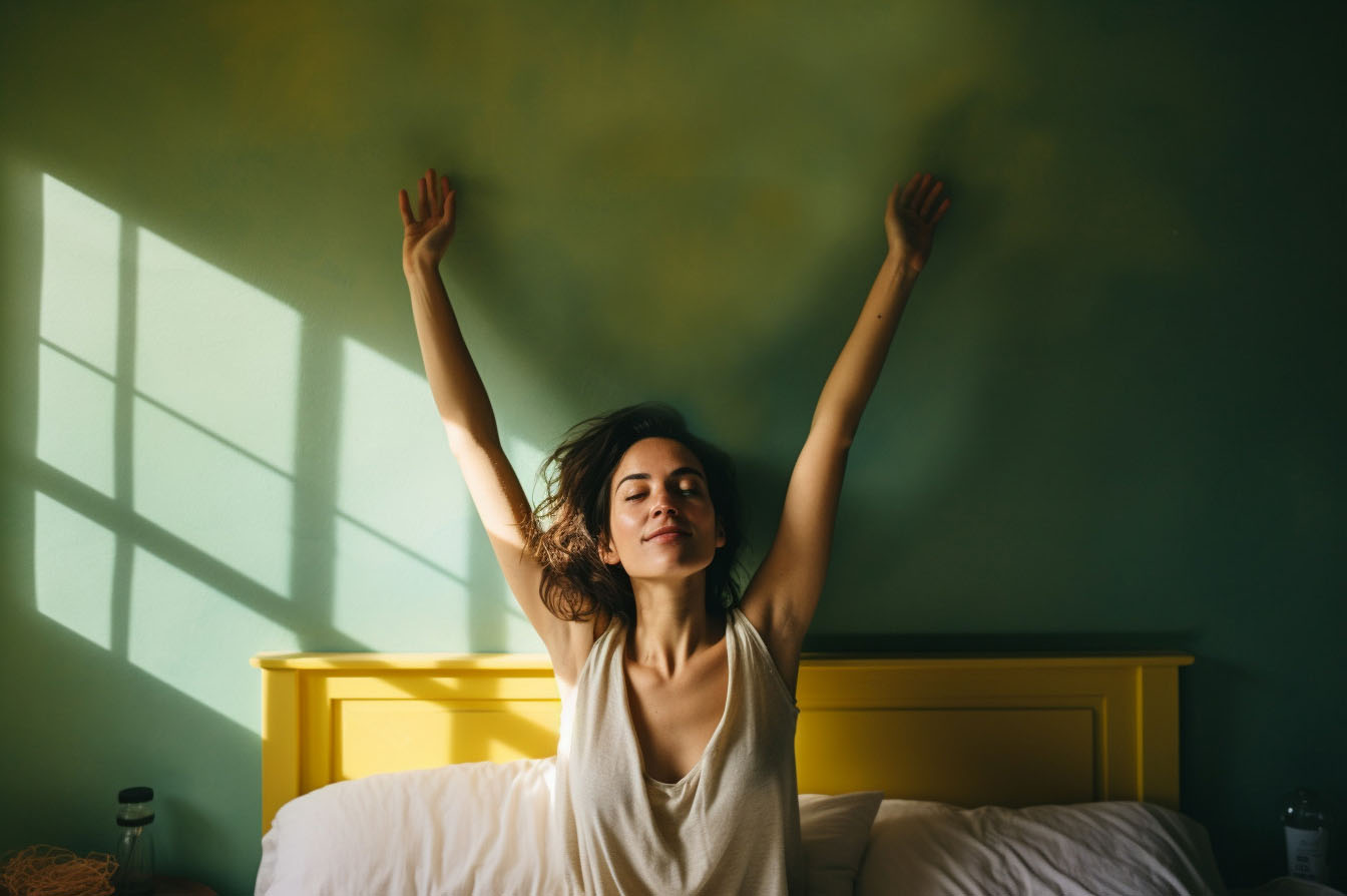 Person stretching in bed after waking up