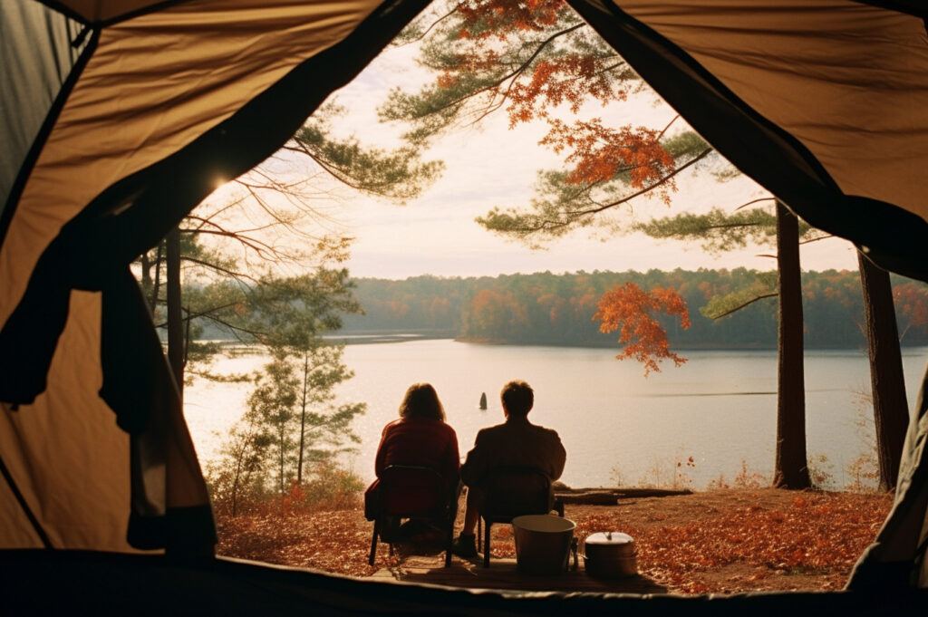 Couple Glamping Near a Lake in the Fall