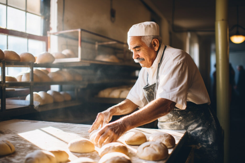 Older Man in a Bakery Preparing Loaves of Bread