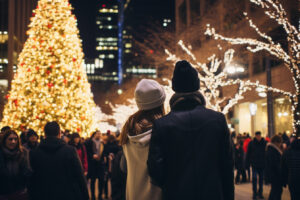 A couple enjoying a Christmas Tree Lighting holiday event.