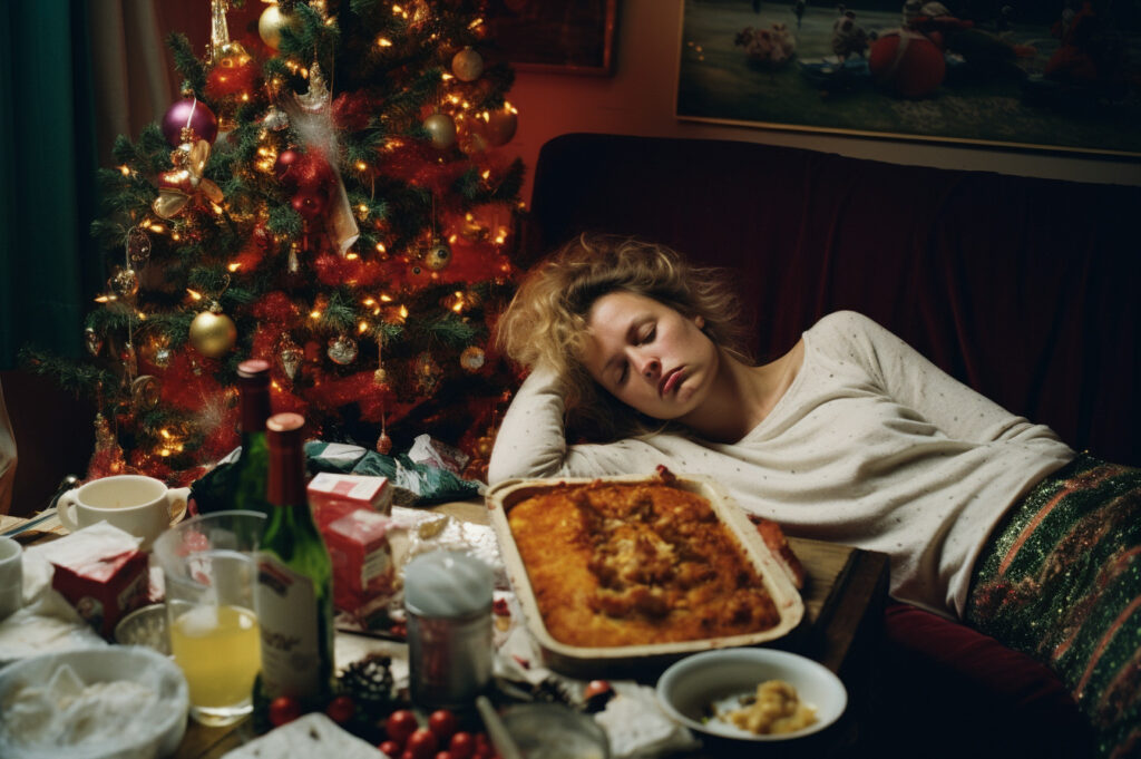 Distraught person lying on their couch next to a table of holiday desserts and a Christmas tree