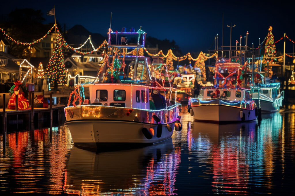 Boats decorated with holiday lights on a lake