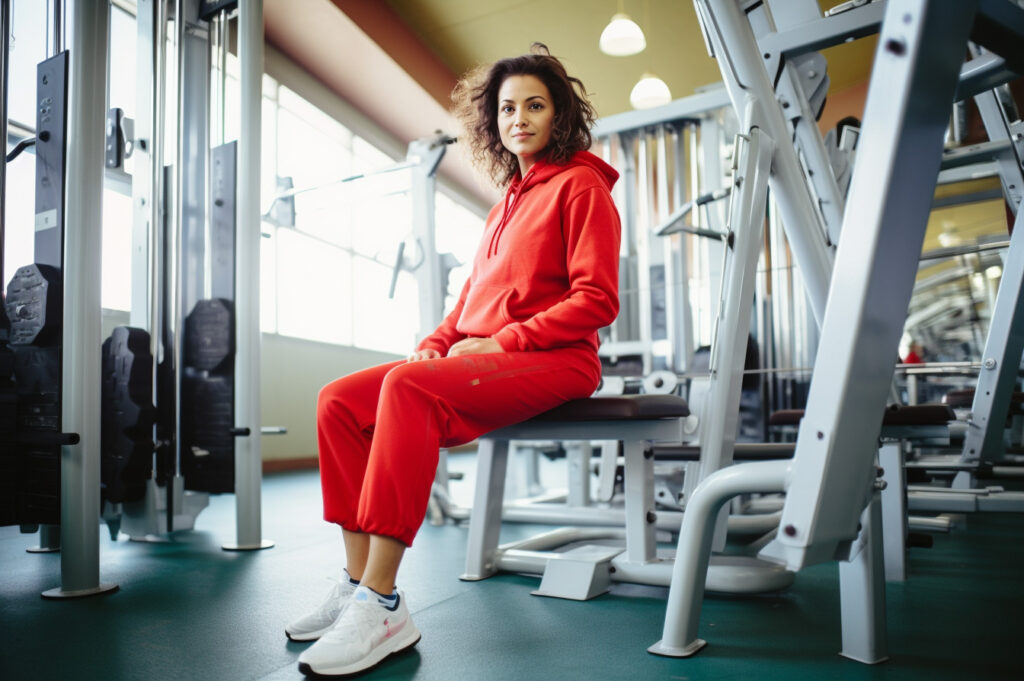 Woman sitting on fitness equipment in a public gym.