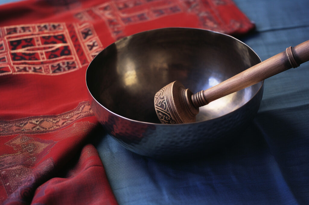 Tibetan singing bowl in a relaxing room. 