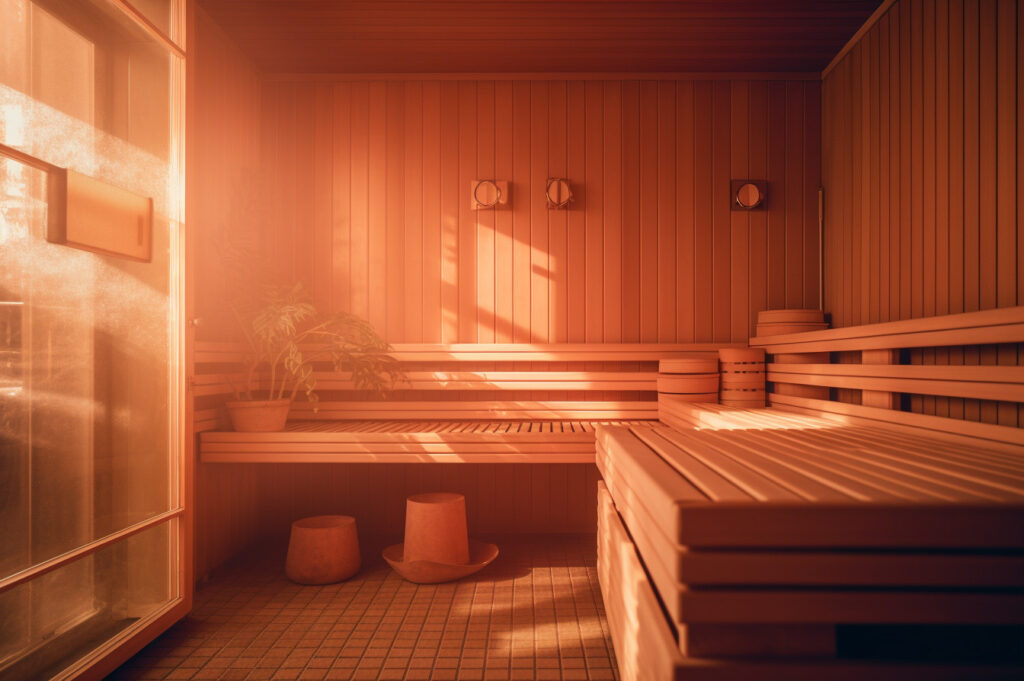 View inside of a sauna with wooden walls and seating.