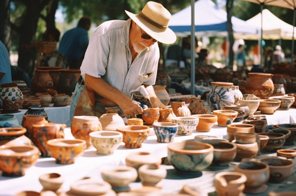 Artist presenting his pottery at a local farmer's market.