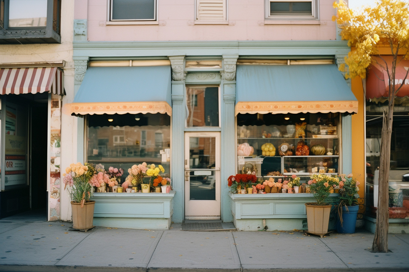 Local storefront surrounded by potted flowers