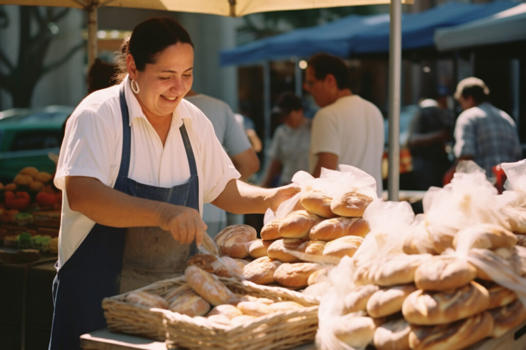 Bread-maker setting up an outdoor stand for fresh-baked bread