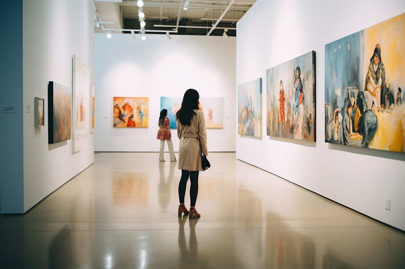 Woman Strolling Through an Art Gallery