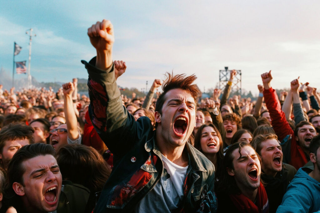 Large Crowd of People Passionately Singing Along at an Outdoor Music Festival