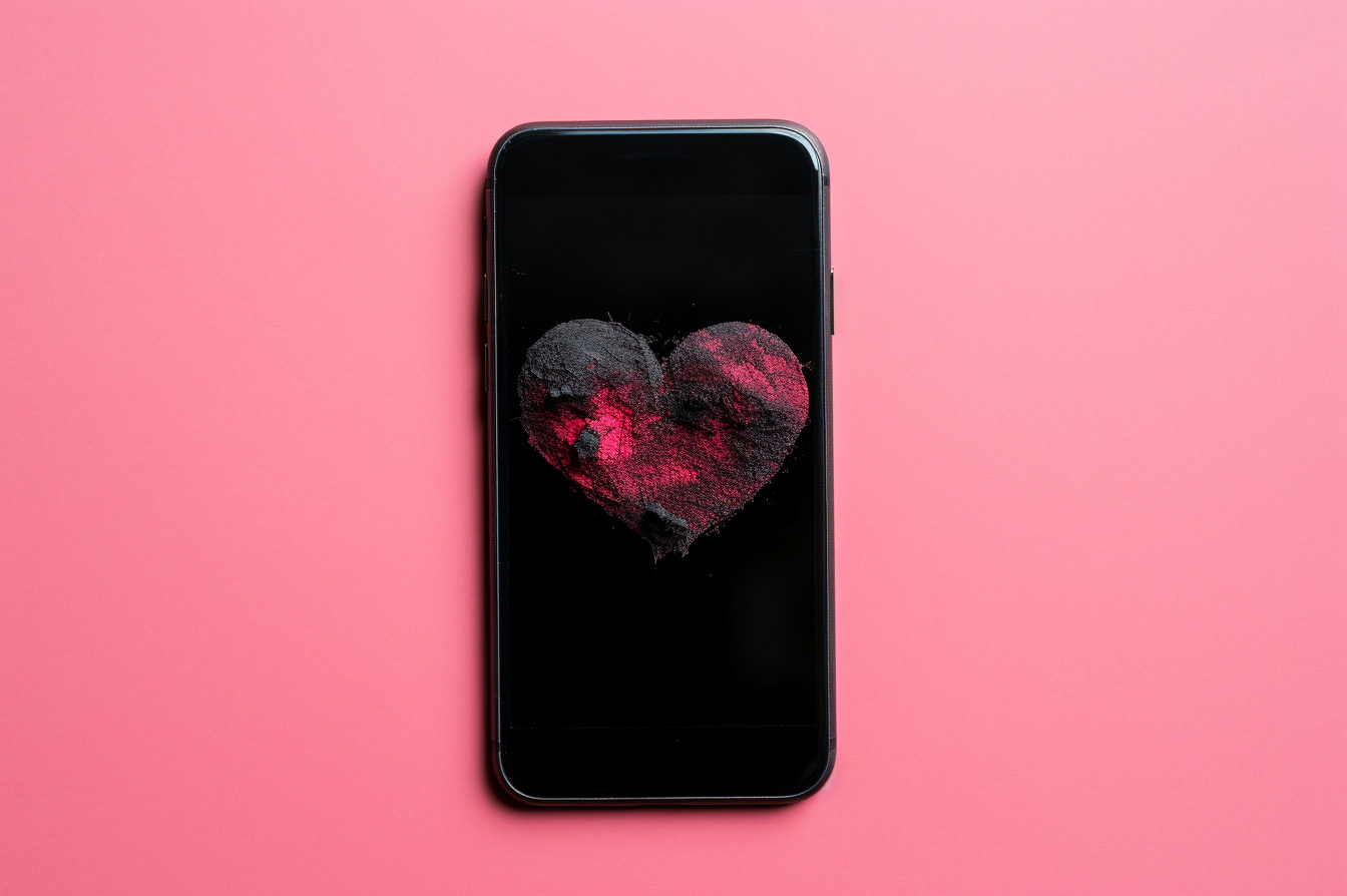 A black phone with a pink and black heart on its screen against a pink background