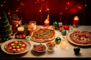 Pizzas on a table adorned with Christmas decorations