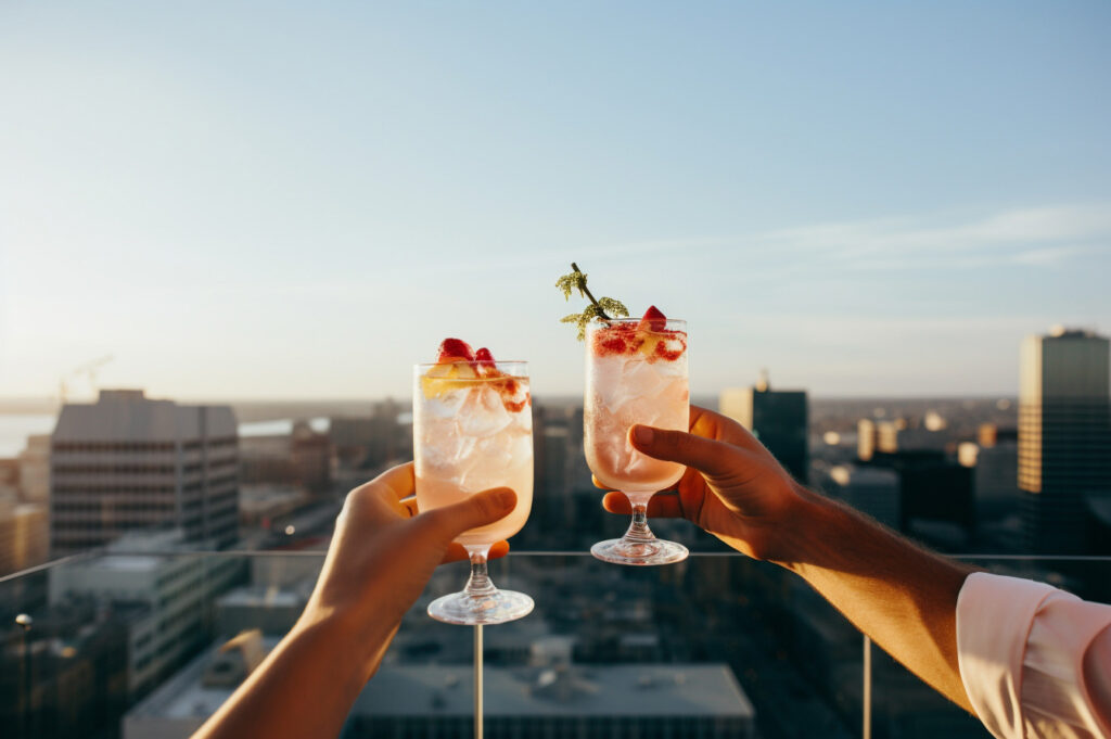 Two people sharing a drink at a rooftop bar