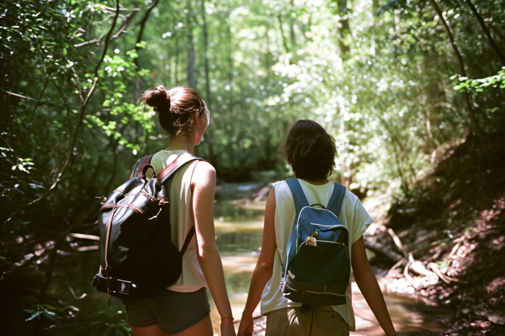 Young Women Hiking a Trail Together
