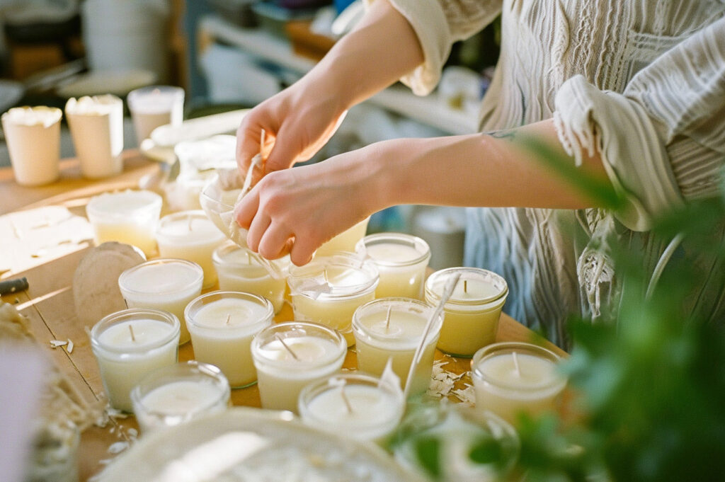 A Person's Hands Hovering Over a Table Full of Small Candles