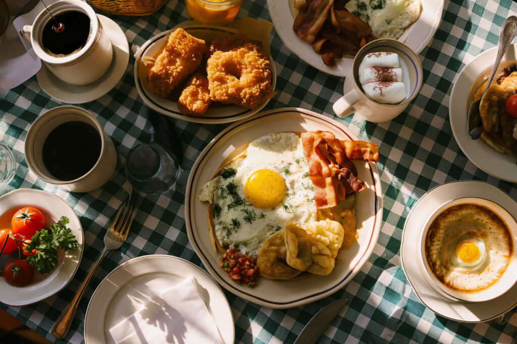 Table covered with a Gingham-pattern tablecloth and American breakfast foods.