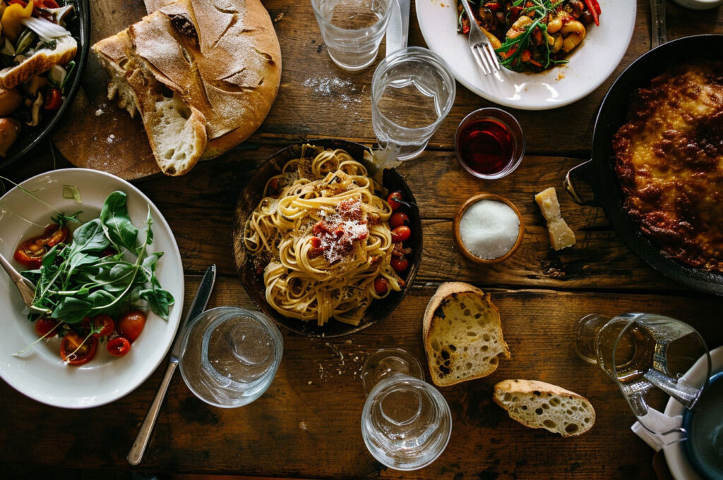 Table filled with rustic Italian dishes