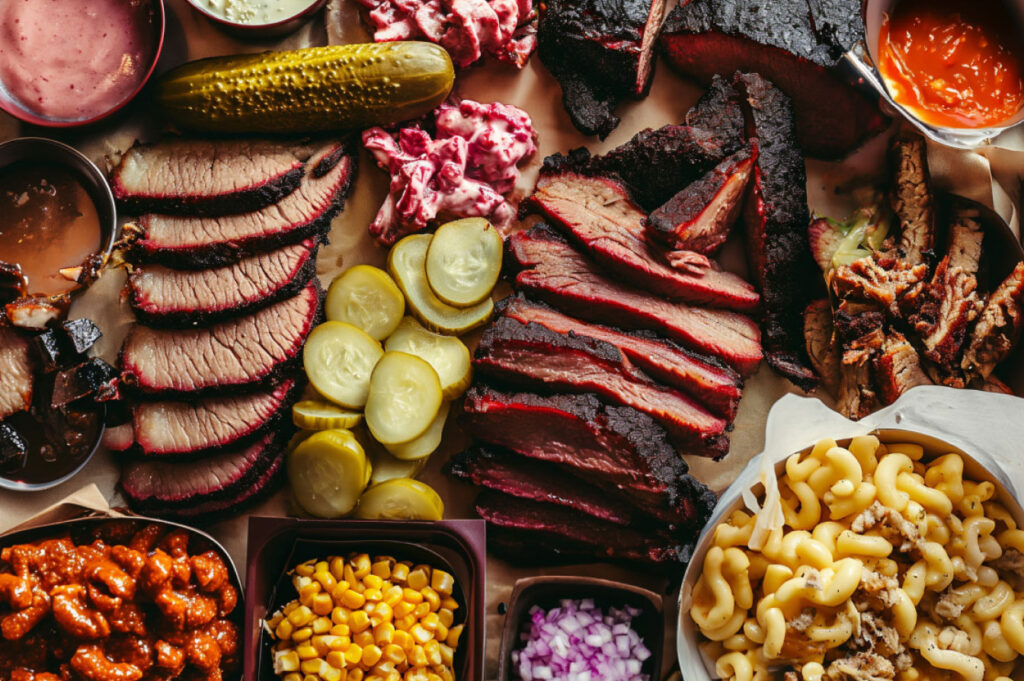 Table filled with barbecue meats and sides
