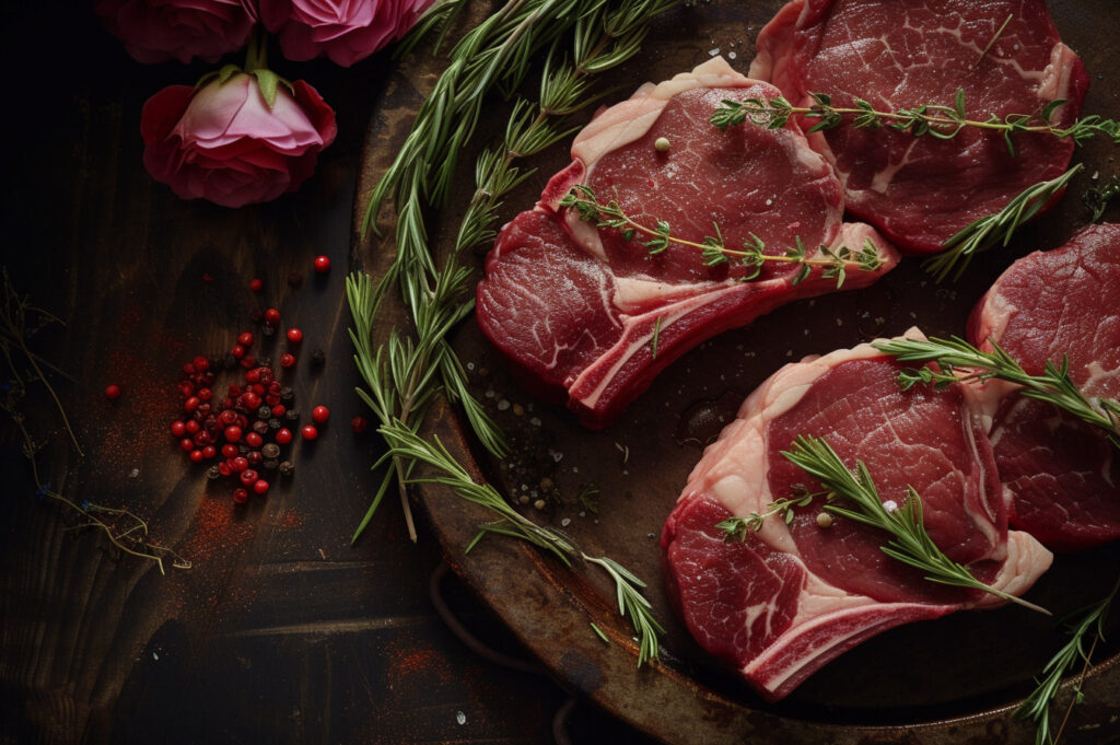 A mouth-watering display of raw steaks, adorned with herbs and spices.