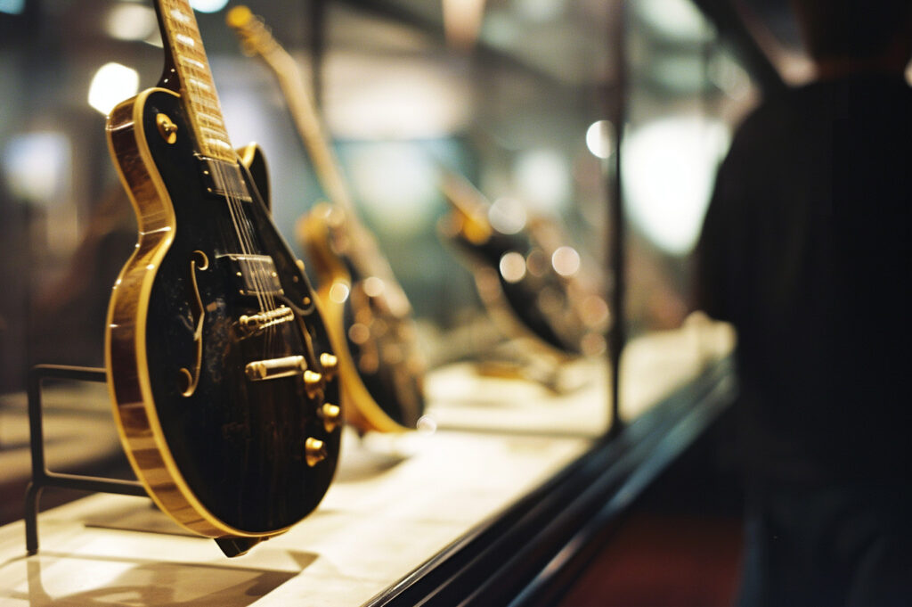 Guitars on display in a glass case.