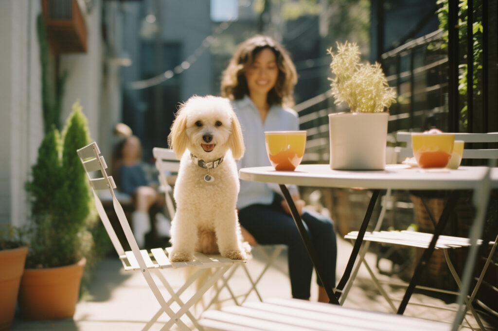 Dog and owner sitting at an outdoor table