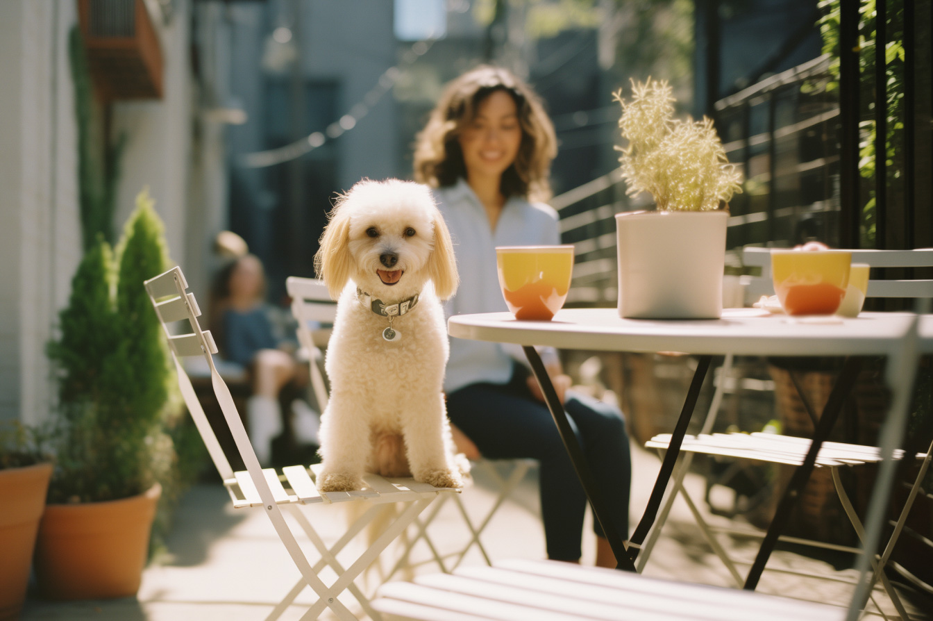 Dog and owner sitting at an outdoor table
