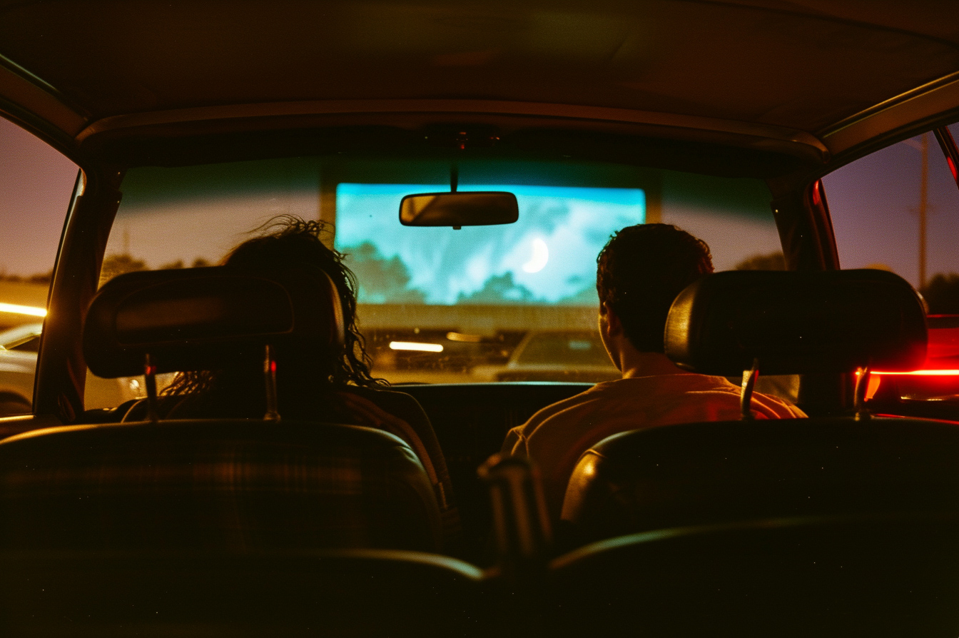 Couple Watching a Movie in Their Car at a Drive-In Theater