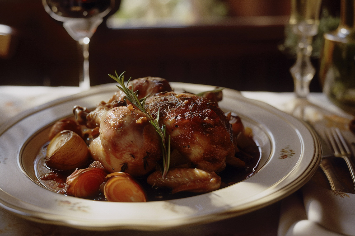 Plated coq au vin on a fancy place setting