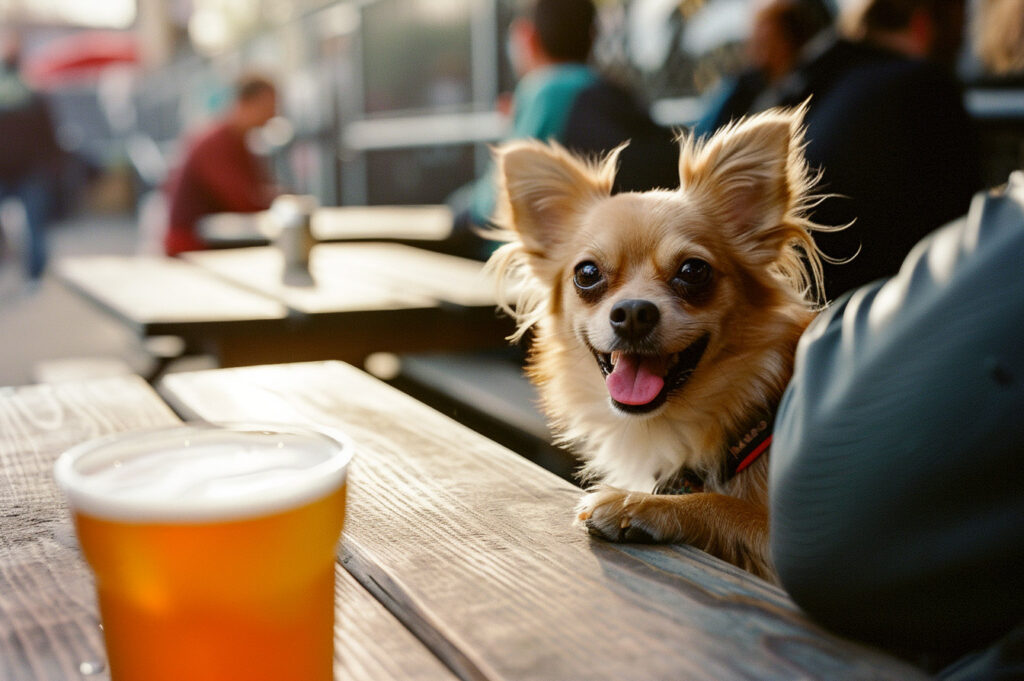 A small dog sitting with its owner at a table outdoors