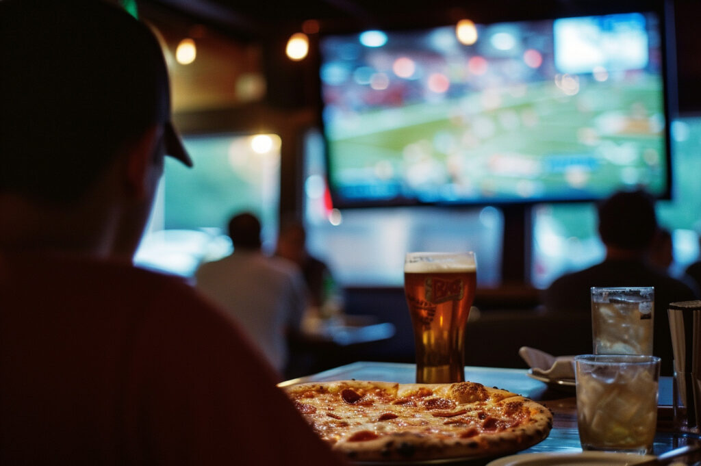 Bar patron enjoying a cold beer and hot pizza while watching sports