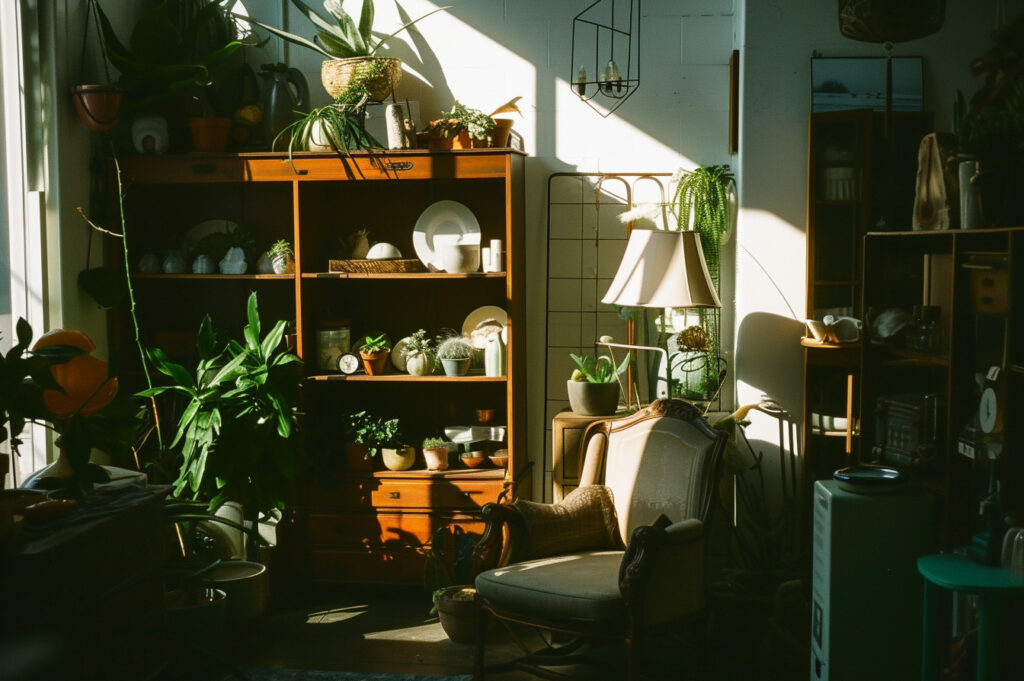 Thrift shop floor with a china cabinet, chair, and more