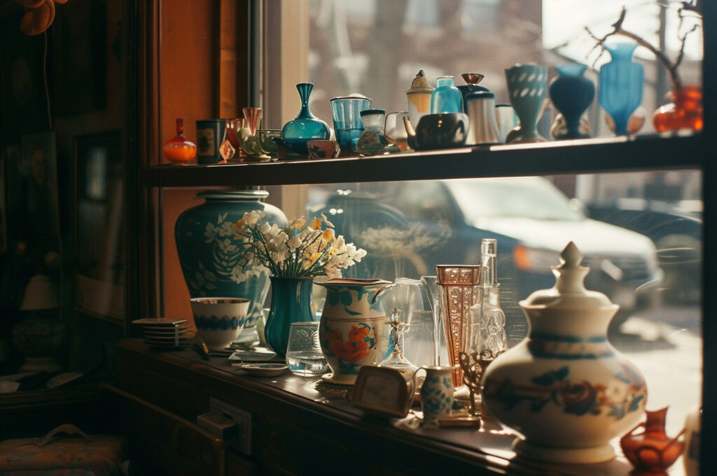 Assortment of vases and glasses in a thrift store window