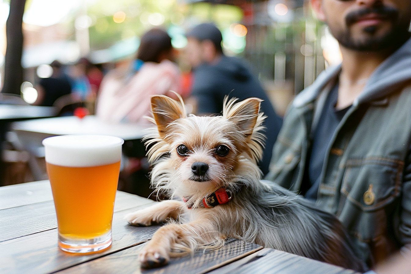 Man with His Small Dog and a Beer at an Outdoor Patio