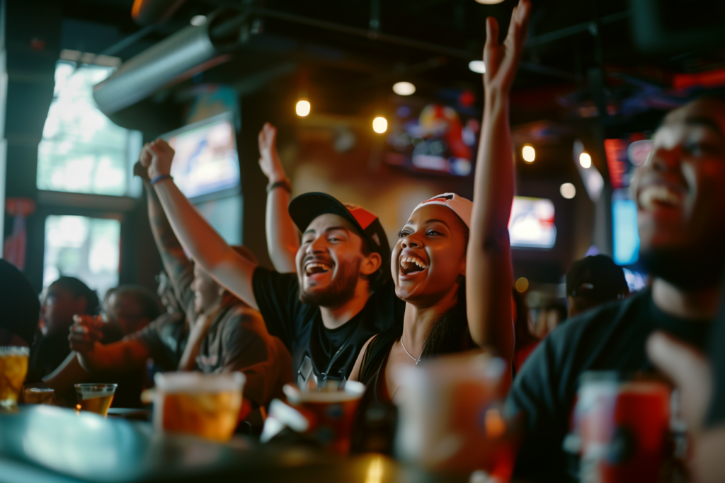 Fans cheering on the home team at a sports bar