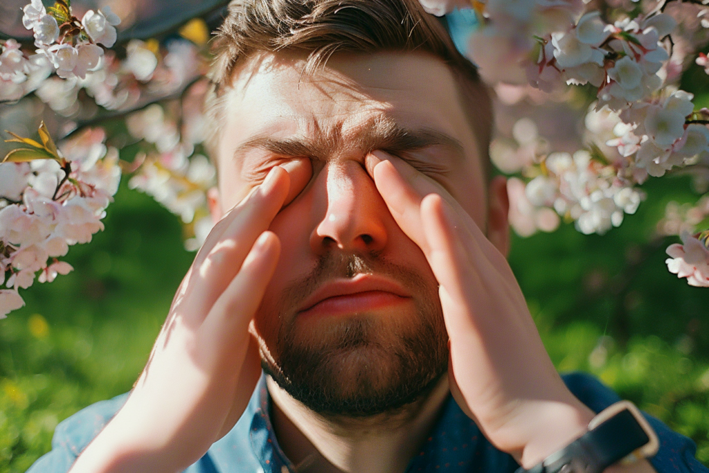 Man rubs itchy eyes and nose, surrounded by blooming trees.