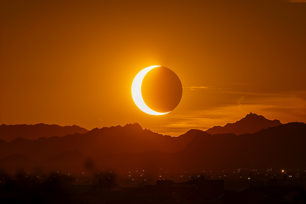View of a solar eclipse over a mountain range