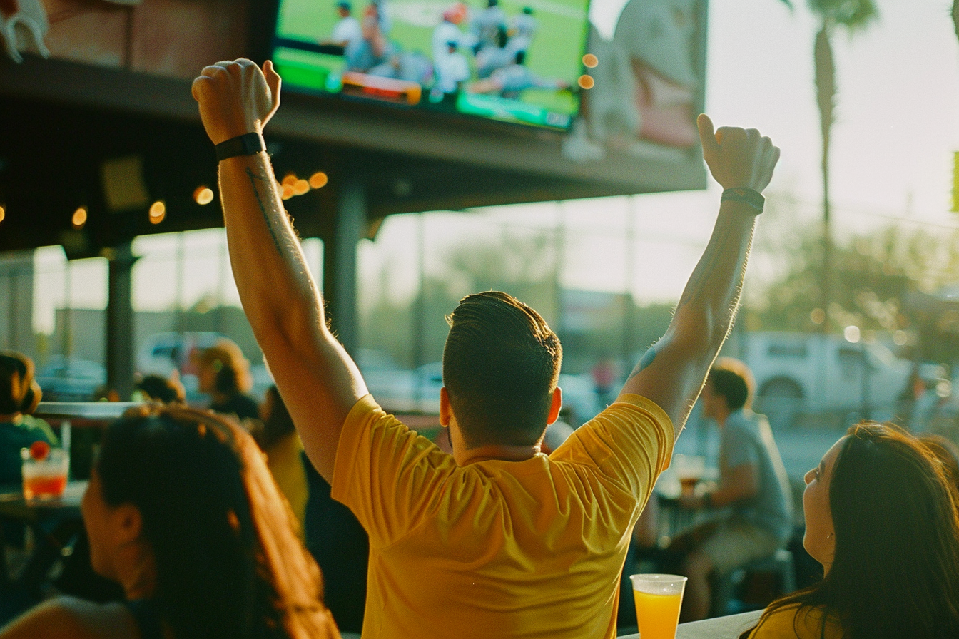 Sports fan cheering at a bar