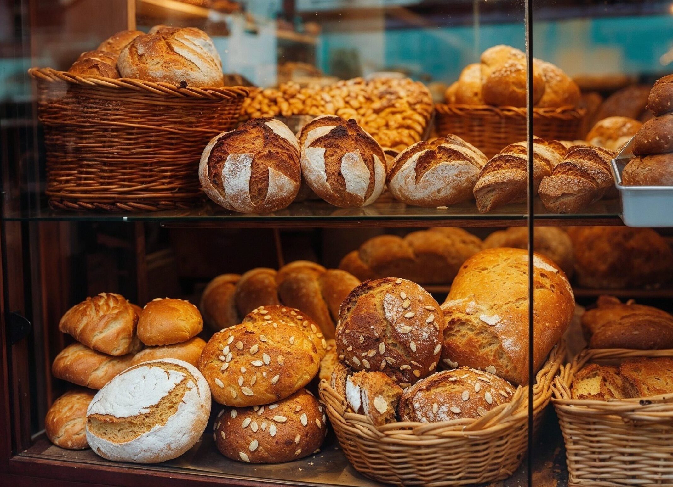 Many loaves of fresh-baked bread in a bakery display case