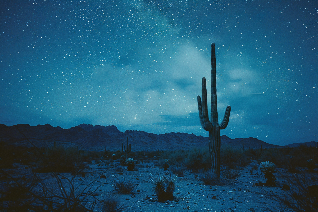 Saguaro cactus standing alone in a desert landscape