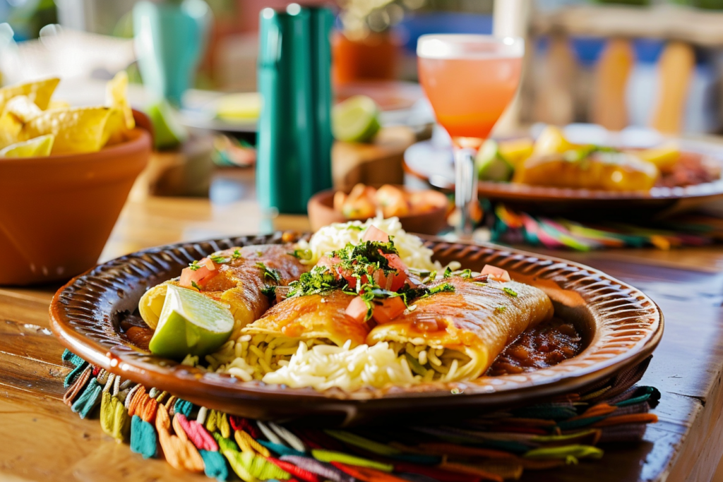 Plate of Mexican food atop a colorfully-decorated table