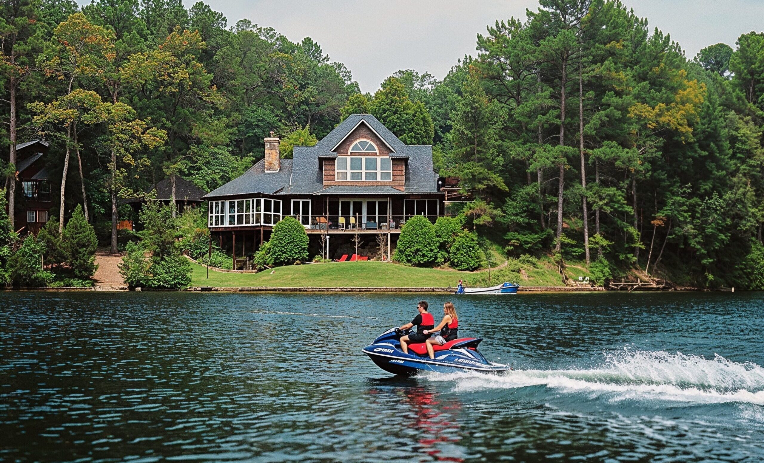 People on a Jet Ski in Front of Their Vacation Home